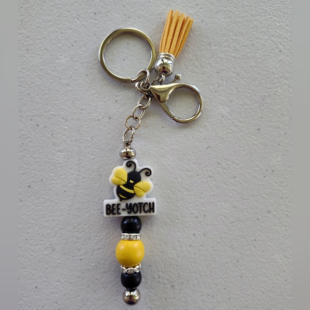 Bee-Yotch Keychain with Yellow and Black Beads & Bee Charm